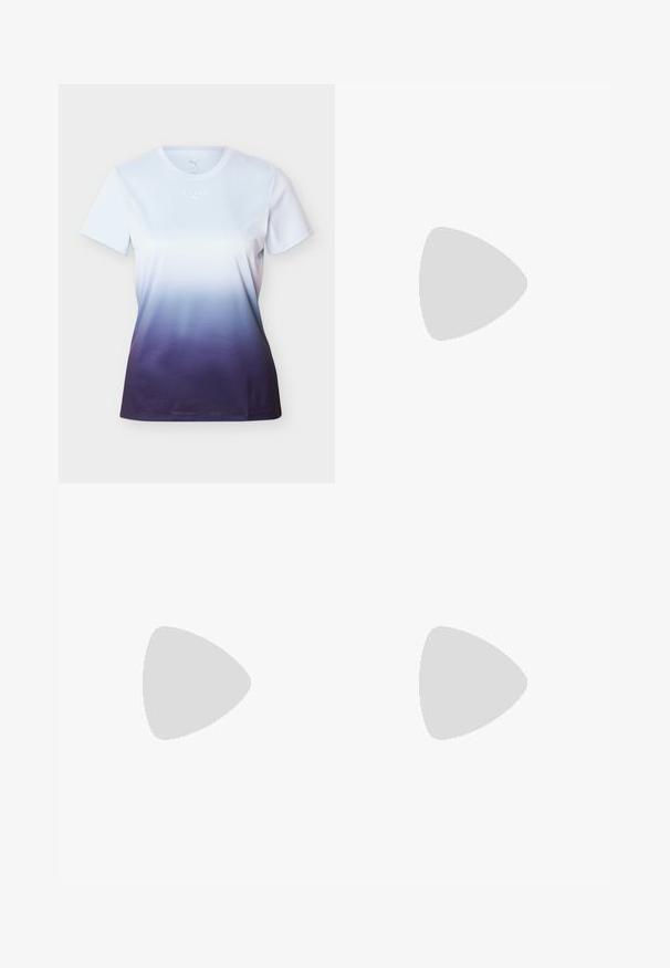 T-shirt de sport féminin à manches courtes avec un dégradé du blanc au bleu foncé et un petit logo blanc "HYROX" au centre de la poitrine.; Leggings bleu marine en tissu extensible, dotés d'une taille haute et de coutures latérales arrondies, avec des accents réfléchissants au niveau des ourlets des chevilles.; Baskets légères avec un design beige et rose pâle, tige en maille, semelle rembourrée et accents de logo discrets sur le côté.; Sac de sport Puma rose clair avec bandoulière réglable noire, poignée supérieure, poche avant zippée et poches latérales en mesh sur fond blanc.