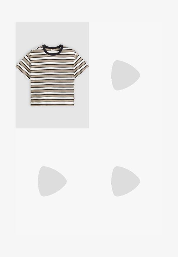 Kortærmet T-shirt med vandrette striber i beige, sort og hvid samt sort rund hals på ensfarvet baggrund.; Lys beige overalls lavet af denim, med en firkantet lomme, justerbare stropper, trykknapper i siden og bred benudskæring.; Høje sneakers i canvas i tan med hvide snørebånd, en gummi tåhætte og en sål med sorte striber. Tekstureret finish med syningsdetaljer.; Denim skuldertaske med fold-over design, lys blå farve, synlige sømme, justerbar rem og en sidelabel-detalje.
