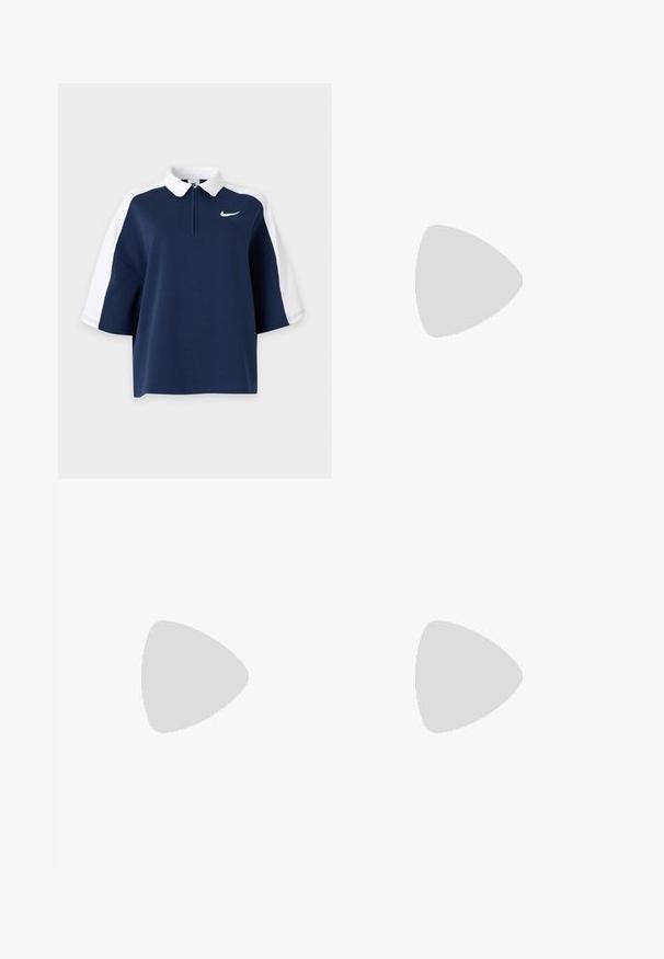 Navyblå og hvide kortærmede polo med hvid krave, halv lynlås foran og lille Nike-logo på venstre bryst.; Hvide atletiske bukser med et bredbenet design, elastisk talje og et lille sort Nike-logo på venstre side. Glat, let materiale.; Sort platform Mary Jane-sko med justerbar rem svæver over beige tæppe, træbord og stabel af bøger i baggrunden.; Ovale briller med en metallisk sølvramme, klare linser og strukturerede perleaccentede stænger. Letvægtsdesign med buede arme.