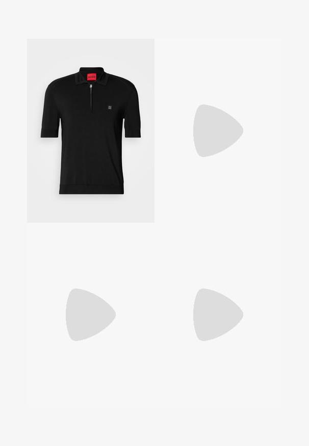 Sort kortærmet polo med halv lynlås foran, lille logo-patch på siden og rød mærke inden i kraven.; Sorte bomuldsbukser med lige pasform, bæltestropper, lynlås foran og en enkelt knappelukning. Glat tekstur uden synlige mønstre.; Sorte lavtop sneakers med snørebånd fortil, teksturerede detaljer og "HUGO" logo på siden, vist i profil på hvid baggrund.; Sort læder duffel taske med to top hanke, en aftagelig skulderrem og en lynlåslomme foran til ekstra opbevaring.