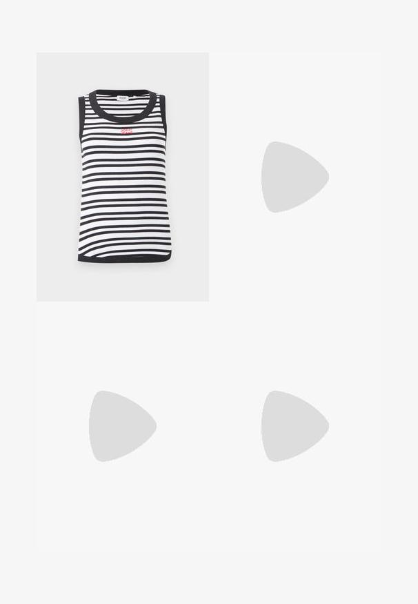 Ærmeløs sort og hvid top med horisontale striber, sort kant og rød "JOOP! JEANS" logo på brystet.; Sorte flagrende bukser med en glat tekstur, der har høj talje, sidelommer og frynsede design detaljer foran.; Sort hæl-sandal med smal ankrem, firkantet tå-boks, glat lædermateriale og metalspænde som pynt.; Sort læder skuldertaske med en buet form, blød tekstur og en enkelt rem; har en guldbeslået lynlås og diskret branding.