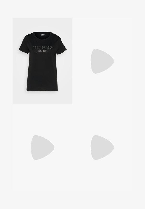 Sort bomulds T-shirt med korte ærmer, rund hals og et frontdesign med "GUESS" og "EST. 1981" i naglede accenter.; Sort læder blyantsskirt med en glat tekstur, der har to lynlåslommer foran og en tætsiddende silhuet.; Sorte læder loafers med en kraftig sål og guldhardware; har rund tå og syede detaljer langs overdelen.; Guess Solbriller - shiny black