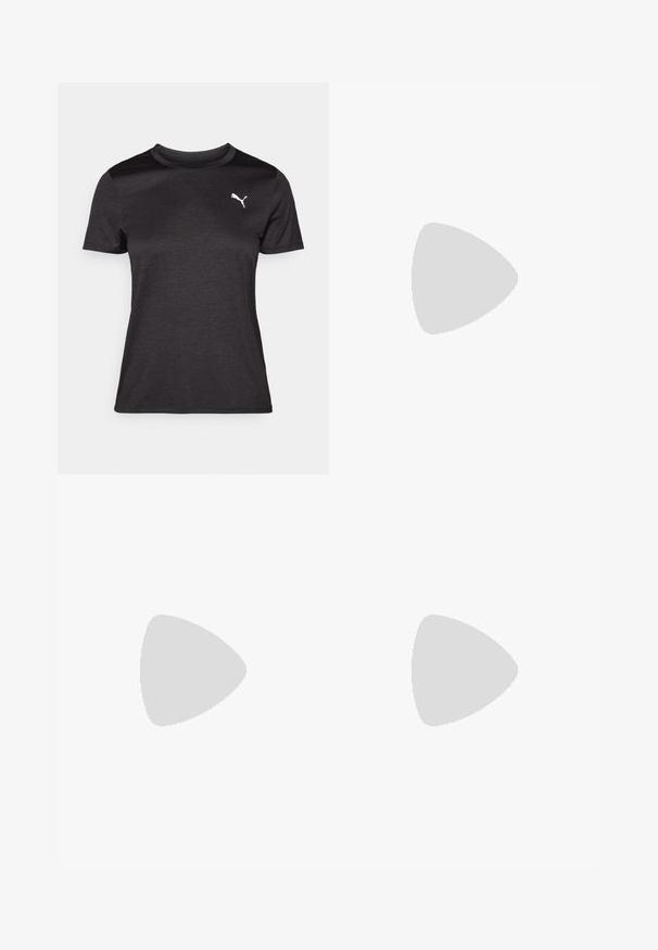 Sort atletisk T-shirt med korte ærmer, rund halsudskæring og et hvidt logo på brystet. Glat tekstur og tætsiddende form.; PUMA lyserøde træningsshorts med en sort elastik i taljen med logoet. Stoffet er glat og strækbart, designet til komfort og bevægelighed.; Sort-hvid Puma sneaker med snørebånd, svævende over en betonkant mod en sløret grå trappebaggrund.; Sort tekstureret skuldertaske med top håndtag, bred justerbar rem og lille gyldent Puma-logo centreret foran.