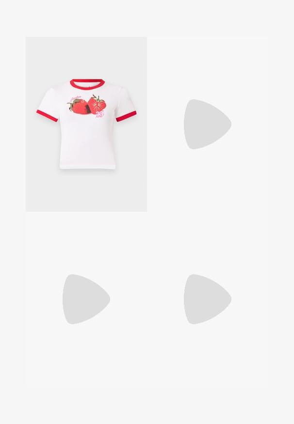 Valge lühikeste varrukatega crop-top, millel on krae ja varrukate ümber punane ääris, esitatud on graafika kahest maasikast ja numbriga "23".; Heledad hallide triibulised lühikesed püksid, mis on valmistatud pehmest kangast. Omavad elastset vöökohta, mille keskel on Nike logo silt.; Valged Nike Air Force 1 sneakerid siledast nahast pealispinnaga, perforeeritud varbaosas, valged paelad ja must trükk keelel.; Väike beež nahast käekott ühe rihmaga ja hõbedaste naeltega piki äärte ja rihma, esitatud ühtse taustaga.