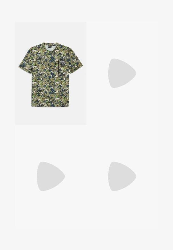 Camiseta de manga corta con un patrón de camuflaje en tonos verdes, marino y beige, con un bolsillo y una etiqueta en el delantero.; Pantalones cargo negros con una cintura elástica, pierna ajustada, bolsillos laterales y un solo bolsillo cargo en el muslo izquierdo. Textura suave.; Zapatilla blanca de corte bajo con pestaña en el talón gris, cordones blancos y suela texturizada, presentada sobre un fondo claro y liso.; Bolso de hombro negro cuadrado con cierre de cremallera, bolsillo delantero y correa ajustable con nombre de marca en relieve.