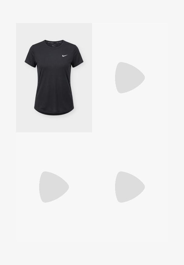 Zwart Nike hardloopshirt met korte mouwen, wit Swoosh-logo op de borst, ronde halslijn en licht gebogen zoom.; Paarse sportshorts van gladde stof, met een elastische tailleband en een wit Nike-logo aan de onderkant aan de rechterkant.; Rode en paarse Nike hardloopschoen zwevend boven een betegeld zebrapad, met de nadruk op de ZoomX-geveerde zool en het witte swoosh-logo.; Zwarte traininghandschoenen met een open vingerontwerp, versterkte stiksels, een gevoerde palm en verstelbare polsbanden. Voorzien van een zilveren logo-accent.