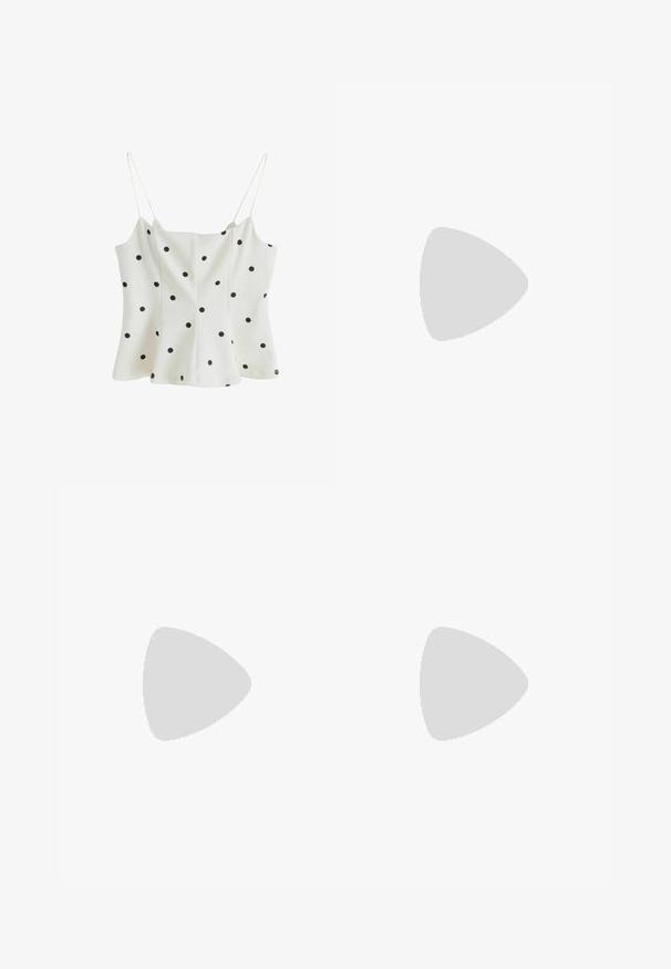 Hvid hvid top til damer uden ærmer med tynde stropper og sort polkaprint, let udvidet forneden.; Cremefarvede letvægts shorts med elastisk talje og lynlåslommer på begge sider, vist mod en hvid baggrund.; Sort knælang støvle lavet af glat læder, med spids tå og trekantet hæl. Designet med en strømlinet, glat overdel.; Lille beige skuldertaske med justerbar strop og frontklap bundet med en tynd snor, der ender i metalspidser på hvid baggrund.