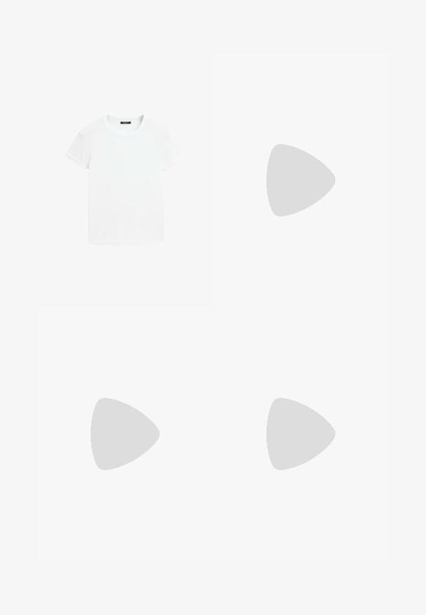 Hvid t-shirt med korte ærmer og rund halsudskæring, lagt fladt på en hvid baggrund.; Grå vidbenede denimjeans der viser bagsiden med to lommer og bæltestropper lagt fladt på hvid baggrund.; Balletflad i cremefarvet stof med sølvfarvede palietter arrangeret i et prik mønster, rund tå og lav brun sål. Tekstureret overdel for ekstra detalje.; Sort lædertaske i rektangulær form med lange dobbelte skulderremme og en struktureret overflade, vist mod en ensfarvet hvid baggrund.