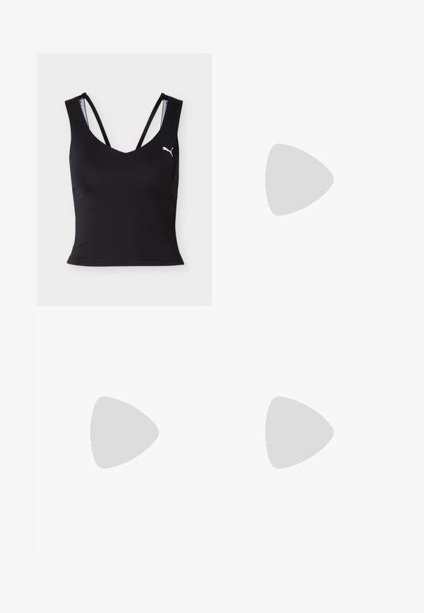Débardeur de sport noir raccourci avec fines bretelles doubles et logo Puma blanc sur le côté gauche de la poitrine.; Pantalon de sport noir évasé avec taille haute et logo blanc Puma Athletics sur la partie supérieure de la cuisse.; Baskets blanches basses avec lacets à l'avant, semelle texturée et dessin discret cousu sur une matière supérieure lisse.; Sac bandoulière texturé noir avec poignées supérieures, large sangle réglable et petit logo Puma doré centré à l'avant.