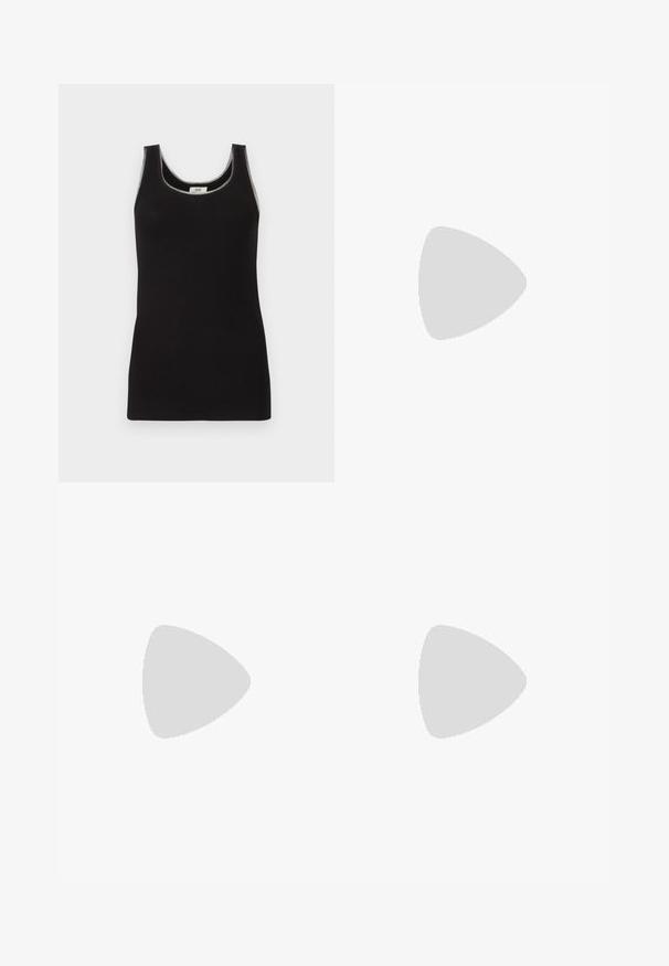 Sort ribbet ærmeløs tanktop med rund halsudskæring, vist mod en ensfarvet lysegrå baggrund.; Denimnederdel med et klassisk blåt vask, fem-lomme design og frynset kant. Lukker med en frontknap og lynlås.; Sort læder ballettsko med rundet tå, der har en skinnende metallisk logoaccent foran og en flad gummisål.; Beige og lysegrå tote-taske med tofarvet design, fremstillet af tekstureret læder og med et gentaget "MK" logo-mønster på den ene side.