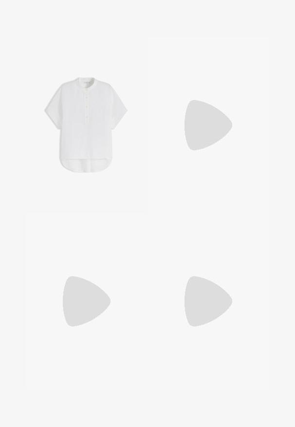Chemise blanche à manches courtes avec col officier, patte de boutonnage devant et ourlet asymétrique, posée à plat sur un fond blanc.; Shorts en lin bleu clair avec un design plissé, dotés d'une taille et de détails de couture. Texture lisse et style décontracté.; Sandales à glissière en cuir tressé de couleur beige clair, avec un design supérieur tressé surdimensionné et une semelle plate. Le bout pointu ajoute une touche élégante.; Sac cabas tissé en paille beige avec poignées arrondies et initiales brodées en cursive blanche au centre devant.