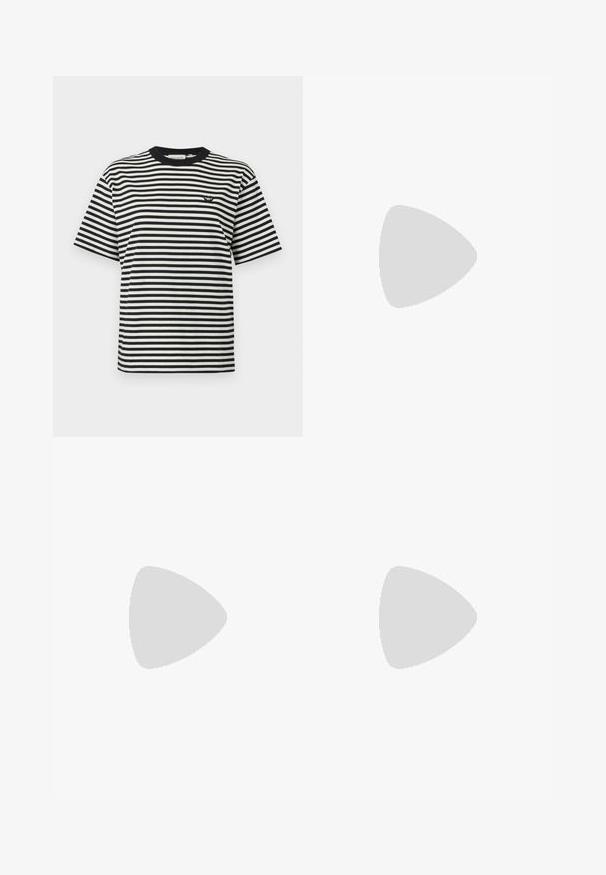 T-shirt à rayures horizontales noires et blanches à manches courtes avec un petit patch logo noir sur la poitrine gauche et un col noir.; Jean bleu foncé à jambes larges avec bouton et fermeture éclair, poches avant et arrière, passants de ceinture et surpiqûres contrastées, disposé à plat sur fond blanc.; Mocassin penny pour homme en cuir brun foncé poli avec talon bas et détails cousus sur fond blanc.; Lunettes de soleil écaille de tortue marron avec des verres ovales, dotées d'une fine monture et d'un petit accent métallique sur le côté. Fini texturé et poli.