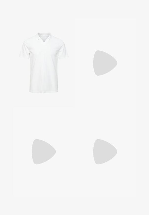 Witte polo shirt met korte mouwen en V-halsontwerp, gemaakt van zacht materiaal; heeft een subtiele logo op de borst. Gladde textuur, casual pasvorm.; Zwarte broek van stevige stof, met een standaard pasvorm, vijf zakken en een knoopsluiting. Stijlvol en veelzijdig.; Witte leren sneakers met een geperforeerde neus, platte veters, een gepolsterde kraag en het Jordan-logo op de tong. Gediend met grijze joggers.; Ronde zwarte zonnebril met donker groene lenzen, plastic frame en metalen accenten op de tempels. Glad oppervlak, minimalistisch ontwerp.
