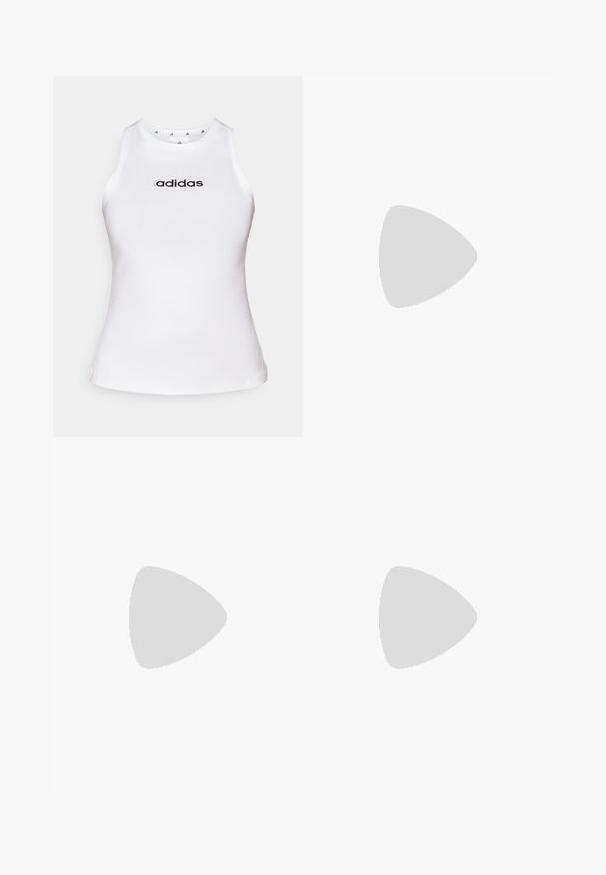 Camiseta atlética sin mangas de color blanco, hecha de tela suave. Presenta un cuello redondo y el logo negro de "adidas" en el pecho. Diseño simple, sin patrones.; Pantalones deportivos negros con cintura elástica, cordón ajustable, bolsillos con cremallera en los lados y piernas ajustadas. Fabricados con un tejido suave y texturizado.; Zapatilla deportiva blanca con suela gruesa, rayas diagonales negras en la entresuela, parte superior de malla y cordones, mostrada desde un lado sobre un fondo liso.; Bolsa de tote negra con el logo "adidas" en gris, hecha de un tejido duradero, con dos correas para el hombro y un panel inferior negro en contraste.