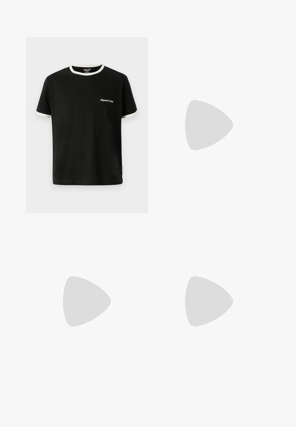 Jack & Jones T- - T-shirt basic - black; Zwarte mesh sportshorts met een trekkoord in de taille, voorzien van een geperforeerde textuur en een klein wit logo aan de onderzijde rechts.; Witte leren sneakers met een gladde afwerking, ronde neus, platte veters en een gestructureerde zool. Grijze suède accent bij de hiel.; Zwarte crossbodytas met verstelbare riem en een klein wit rechthoekig logo-label aan de onderkant van de voorkant.