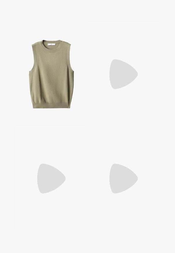 Mouwloze, lichtgroene gebreide trui met een ronde halslijn. Bevat ribbenranden en een zachte textuur, ontworpen voor een ontspannen pasvorm.; Navyblauwe, lichtgewicht broek met elastische taille en trekkoord, voorzien van witte zijstrepen en een klein logo aan de voorkant. Losse pasvorm.; Bordeaux suède en leren sneakers met gele strepen en een gumzool. Witte geribbelde sokken zichtbaar boven de enkel, neergezet op een blauwe gestructureerde ondergrond.; Tortoiseshell zonnebril met rechthoekige bruine lenzen. Glanzend plastic frame met gouden "vogue" branding aan de zijkant.