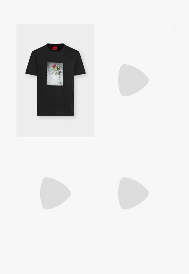 Sort t-shirt med korte ærmer med et centralt motiv af en enkelt rød rose på en grå tekstureret baggrund og et lille rødt "HUGO"-logo.; Marine formelle bukser lavet af glat stof. Har en flad front, bæltesløjfer og sidelommer, med en skræddersyet lige pasform.; Sorte lædersko med rund tå, glat overflade, snøre detaljer og en lav, tekstureret gummisål. Rene linjer og minimalistisk design.; Sort læderbælte med mat finish, der har en rektangulær metalspænde og en glat overflade. Enkel design uden mønstre eller accenter.