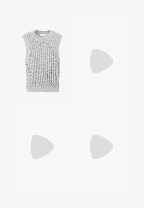 Hellgraue ärmellose Strickweste mit strukturiertem, offenem Muster und geripptem Kragen, Armausschnitten und Saum.; Beige Leinen-Wickelrock mit einem Schnürdetail auf der linken Seite, geradem Schnitt und einem Reißverschluss hinten. Glattes, strukturiertes Gewebe.; Weißer Ledersneaker mit gelben Akzenten, drei Streifen und einer Gummisohle in Karamellfarbe. Verfügt über eine abgerundete Spitze und eine strukturierte Zunge.; Brauner Ledergürtel mit glatter Textur, goldfarbener Schnalle und geprägtem Logo. Verfügt über ein klassisches Design und eine einzelne Schlaufe zur Anpassung.