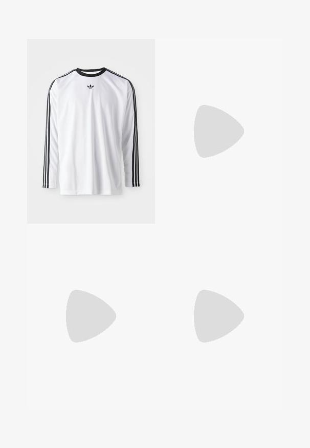 Valge pikkade varrukatega särk, mis on tehtud pehmest kangast ja millel on mustad aksendid, kolm musta triipu varrukate ääres ning väike must logo.; Tumedad hallid denimid, klassikalise sirge jala disainiga, esikottide, lukuga ja nööbiga sulgemise ning mõõduka pleekimisega.; Mustad mustrennijalats, millel on tekstuuriga pind, silejad aktsentid ja paks tald, koos tumedate, lahtiste cargo-pükstega.; Must must elastne vöö, millel on ruudukujuline matt must pandla ja tekstureeritud pind. Lihtne disain, sobib mitmekesiste riietuste jaoks.