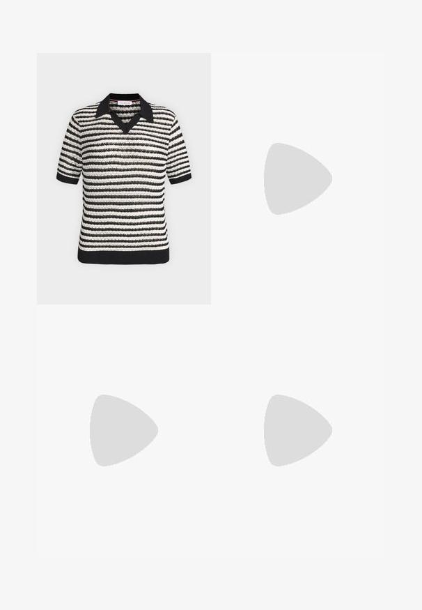 Top de punto de rayas en blanco y negro con mangas cortas, cuello negro, apertura en V y puños y dobladillo acanalados.; Pantalones blancos de pierna ancha con aberturas delanteras en el bajo, cierre de botón y cremallera, y cinturilla estrecha con trabillas.; Mocasines de cuero negro con textura suave, punta redondeada y detalles de costura sutiles. Presentan un acento de logo dorado en el lateral superior.; Bolso de mano de cuero negro con una textura suave, forma rectangular y un asa curvada. Presenta un cierre dorado y una marca sutil en la parte frontal.