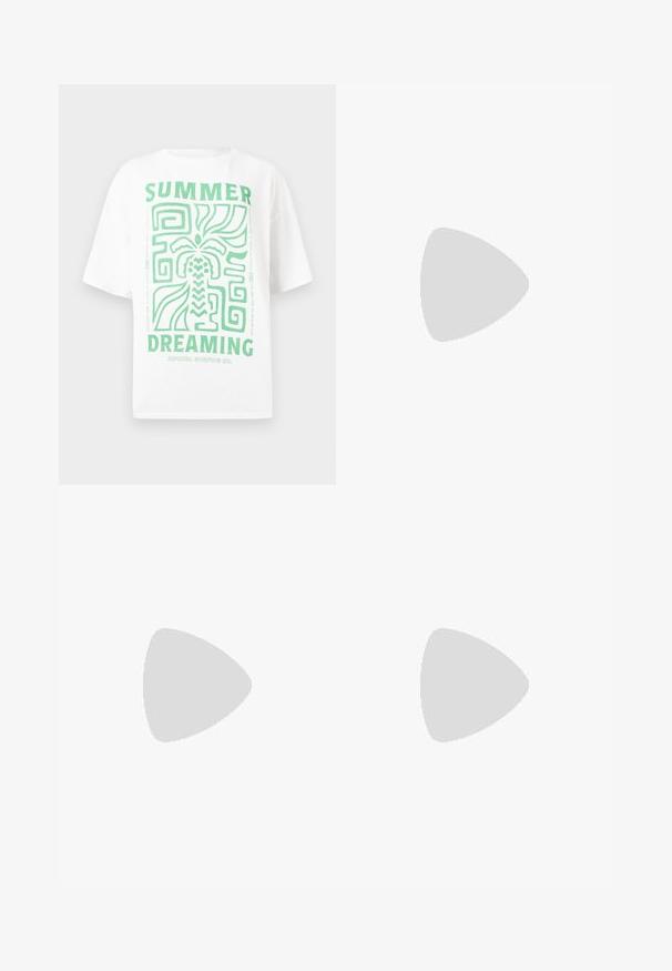 Λευκό βαμβακερό T-shirt με πράσινο γραφικό σχέδιο που έχει το κείμενο "SUMMER DREAMING" και μοτίβο από φοίνικα. Κοντά μανίκια, άνετη εφαρμογή.; Μαύρο και κρεμ παντελόνι με σχέδια που διαθέτει ελαστική ζώνη με κορδόνι, αφηρημένα γεωμετρικά σχέδια και μοτίβα ήλιου σε ελαφρύ ύφασμα.; Μαύρο σαγιονάρες με επίπεδη σόλα, διαθέτοντας λεπτές λουρίδες και υφή στην επένδυση του ποδιού. Μικρή λογότυπη λεπτομέρεια στη λωρίδα. Απλό, μινιμαλιστικό σχέδιο.; Ενα ζευγάρι ορθογώνια γυαλιά ηλίου με ανοιχτό μπλε ημιδιαφανείς σκελετούς και σκούρους γκρι φακούς, διαθέτοντας ίσιες βραχίονες και ελάχιστες λεπτομέρειες υλικών.