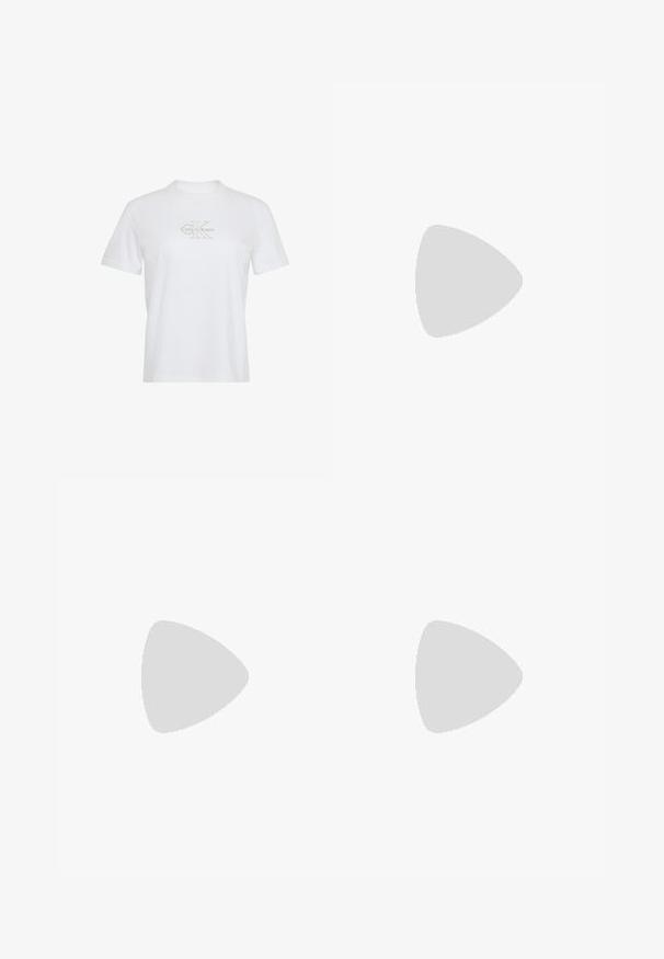 Hvid bomuld T-shirt med korte ærmer, rund hals og et guldprintet Calvin Klein-logo på forsiden.; Lyseblå højtaljede jeans med løs pasform, der har lige ben, fem lommer og en klassisk knap- og lynlåslukning.; Hvide lædersneakers med en glat overflade, beige ruskindsdetaljer, rund tå, flad snørebåndsdesign og en struktureret gummisål.; Calvin Klein SPIRAL - Armbånd - silver-coloured