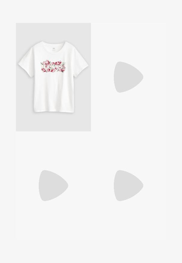 Wit katoenen T-shirt met een bloemmotief van roze bloemen rondom het "Levi's"-logo in vetgedrukte letters. Korte mouwen en een ronde hals.; Vero Moda Curve Skinny fit VMCFLASH Mid rise - Jeans Skinny Fit - black denim; Zwarte platformsandaal met brede leren band en gevoerde zool, zijaanzicht op een effen lichte achtergrond.; Roze, gevoerde handtas met een afgeronde vorm, gemaakt van glanzend materiaal. Beschikt over een geplooide handgreep en een ritssluiting voor veilige toegang.