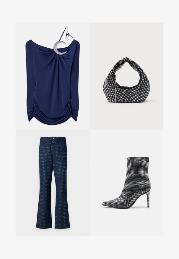 Mørkeblå draperet top med off-shoulder design, prydet med en rund metallaccent og indsamlet detaljering på siderne. Glat tekstur.; Mørkeblå jeans med bredde i buksebenene, der har et prikket mønster over hele, fem lommer og knaplukning i metal. Fremstillet af denimstof.; Sort ankelstøvle med spids tå og stiletto-hæl, dækket af rhinsten for en tekstureret, funkende finish.; Sort mesh håndtaske prydet med sølvnitter, udstyret med et buet håndtag og en kædetraspe. Blød tekstur med en rund form.
