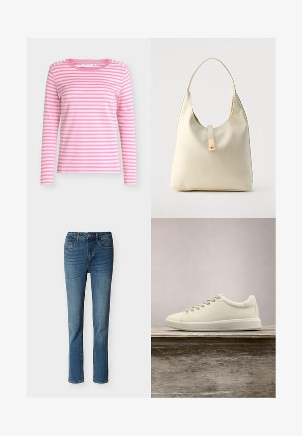T-shirt met lange mouwen in lichtroze met witte horizontale strepen. Voorzien van een ronde halslijn en een zachte, gladde textuur.; Blauwe slim-fit jeans met voorzakken, riemlussen, knoopsluiting en subtiele vervaging op de dijen en knieën.; Witte leren sneakers met lage schacht, vetersluiting en een platte rubberen zool, weergegeven vanaf de zijkant op een effen achtergrond.; Crèmekleurige leren hobo-tas met een enkele schouderband, een gladde textuur en een goudkleurige sluiting aan de voorkant.