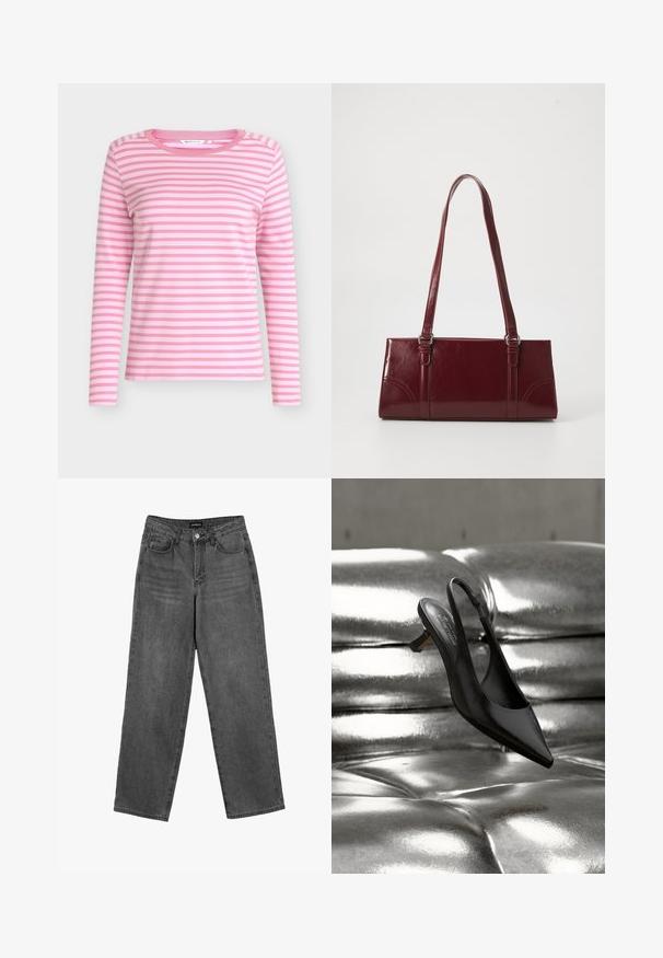 T-shirt met lange mouwen in lichtroze met witte horizontale strepen. Voorzien van een ronde halslijn en een zachte, gladde textuur.; Zwarte high-waisted straight-leg jeans met een knoop aan de voorkant en zakken, weergegeven op een witte achtergrond.; Zwarte slingback schoen met puntige neus en glanzende leren afwerking, voorzien van een lage blokhak en een slanke enkelriem, hangend boven een metalen oppervlak.; Bourgondische handtas van glanzend materiaal, rechthoekige vorm, met twee schouderbanden en subtiele gebogen accenten aan de voorkant.