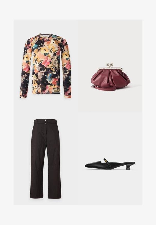 Top met lange mouwen en aansluitende pasvorm, met een abstract meerkleurig bloemenpatroon in tinten zwart, roze, geel, blauw en beige op een lichte achtergrond.; Zwarte wijde broek met een soepele textuur, voorzien van een knoopsluiting en een riemlus op de taille. Inclusief subtiele naaddetails.; Zwarte mule met puntige neus, lage kittenhak en smalle riem over de wreef met een klein gouden knoopdetail.; Kleine bordeauxrode leren clutch met zilveren metalen gesp en polsriem op een witte achtergrond.