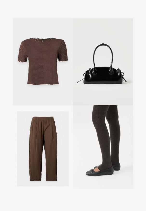 Haut brun en maille texturée à manches courtes avec des bords festonnés et un col rond, présenté sur un fond uni.; Pantalon marron ample à taille élastique, jambes droites et tissu froncé, présenté sur un fond clair et uni.; Jambes portant des leggings côtelés foncés associés à des ballerines noires avec de petits détails en nœud sur fond blanc.; Petit sac à main noir brillant avec deux longues anses et des détails à cordon sur les côtés sur un fond clair uni.