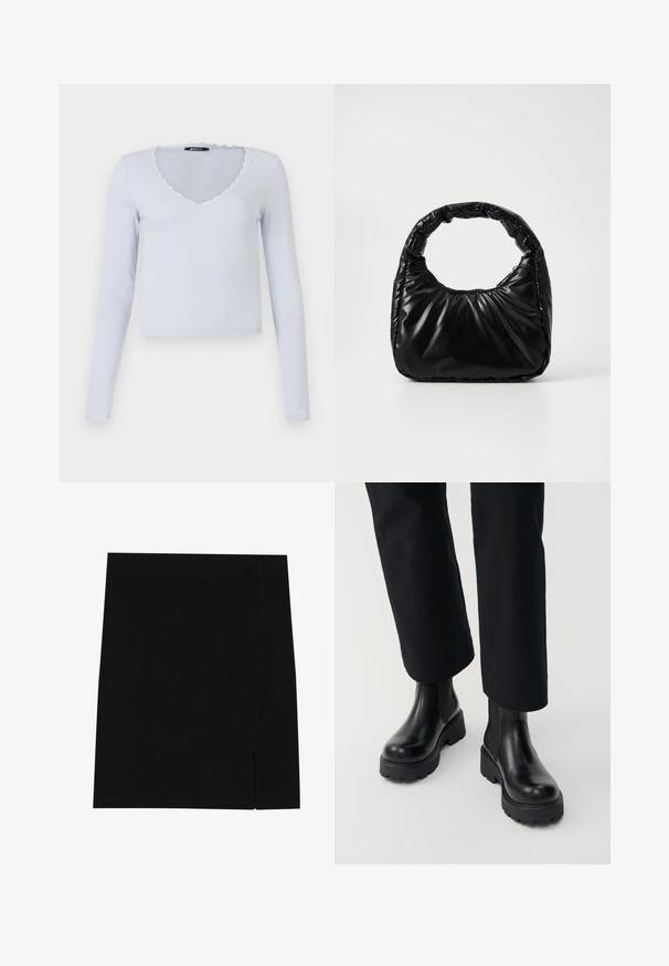T-shirt à manches longues bleu clair avec une texture côtelée, encolure en V et bordure en dentelle festonnée autour de l'encolure et des manches.; Mini-jupe noire en tissu doux avec une coupe ajustée, présentant une légère fente sur le côté pour plus de style.; Personne portant des bottines en cuir noir à semelle épaisse, associées à un pantalon noir à jambes droites sur fond blanc.; Sac à main noir rembourré avec une poignée arrondie, présentant une surface lisse et brillante ainsi qu'une texture douce et matelassée. Pas de quincaillerie ou d'accents visibles.