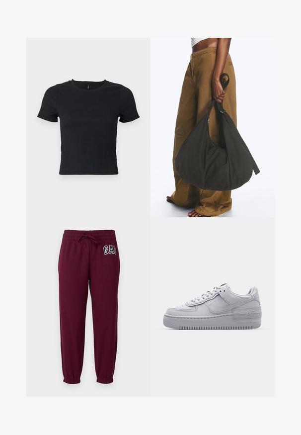 T-shirt noir à manches courtes avec un tissu texturé et un col rond. Coupe ajustée, motif discret, et longueur au niveau du ventre.; GAP Petite HERITAGE - Pantalon de survêtement - ruby wine; Basket en cuir lisse gris Nike Air Force 1 avec un bout perforé, une semelle épaisse et un détail 'AIR' en relief sur le talon.; Personne portant un pantalon marron à jambes larges et un haut blanc tenant un grand sac à main noir souple par sa lanière à côté d'elle.