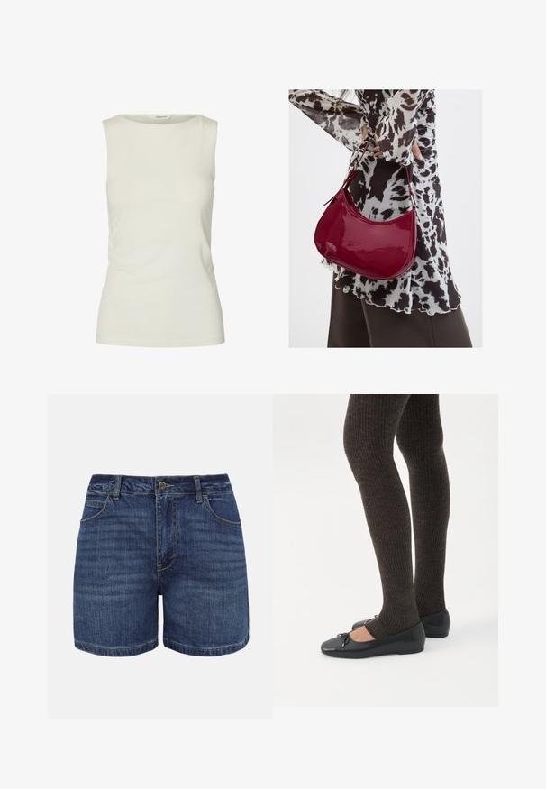 Débardeur blanc uni sans manches avec un col rond, fabriqué en tissu lisse, présenté sur fond blanc.; Shorts en denim bleu foncé avec bouton frontal, fermeture éclair, passants pour ceinture et poches avant, présentés sur un fond blanc.; Jambes portant des leggings côtelés foncés associés à des ballerines noires avec de petits détails en nœud sur fond blanc.; Femme portant un chemisier à motif noir et blanc tenant un sac à main rouge brillant sur un fond uni.