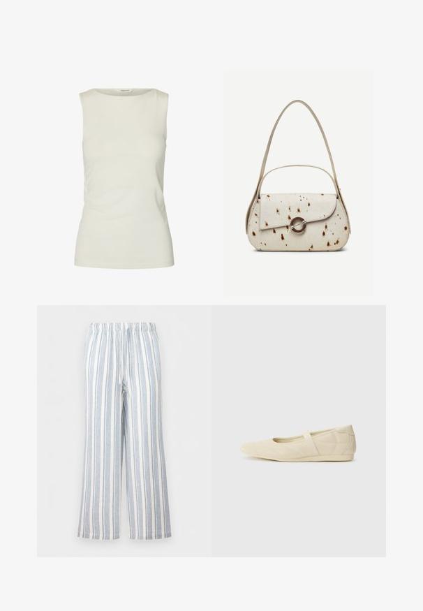 Débardeur blanc uni sans manches avec un col rond, fabriqué en tissu lisse, présenté sur fond blanc.; Pantalon ample à rayures verticales bleues et blanches, taille élastique et cordon de serrage.; Ballerines beiges avec une exterior en cuir lisse, un bout en forme d'amande et une sangle élastique sur le coup de pied, avec des détails de couture subtils.; Sac à main couleur crème avec des taches marron, rabat incurvé avec une fermeture métallique circulaire, doté de deux fines anses, dont une plus longue pour porter à l'épaule.