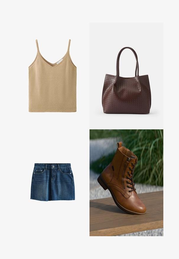 Beige strikket ærmeløs tanktop med tynde stropper og V-halsudskæring, med en lille hvid mærkeetiket inde i nakken.; Mørkeblå denim mini nederdel med knapper foran, bæltestropper og lommer på hvid baggrund.; Brun læderankelstøvle med lynlås på siden og snørebånd, placeret på en træoverflade udendørs med sløret grønt område i baggrunden.; Brun vævet læder tote taske med to håndtag, der har en tekstureret overflade og et åbent topdesign. Minimalistisk form uden yderligere hardware.