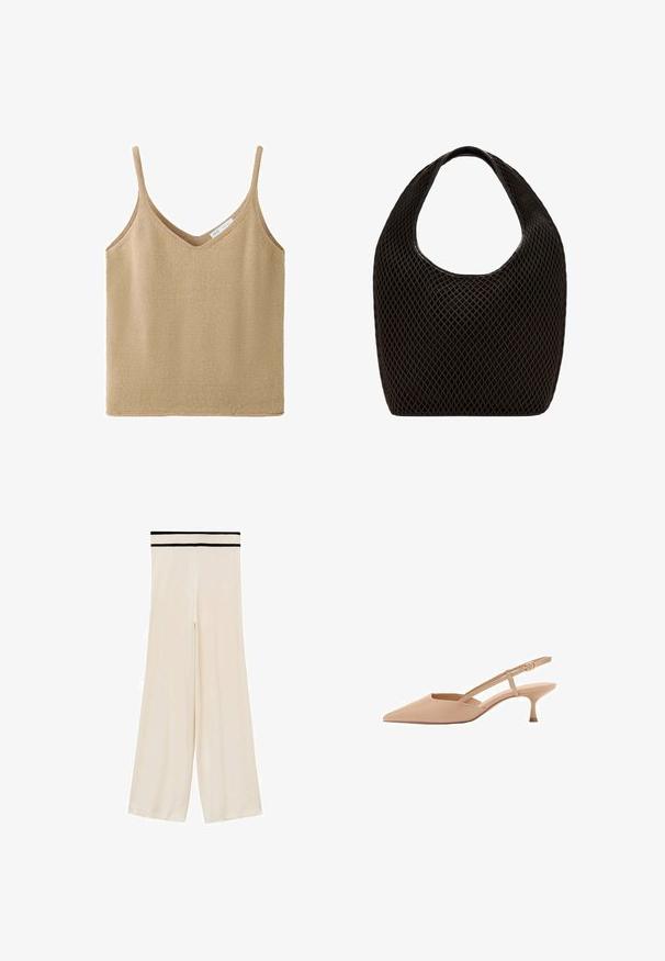 Beige gebreide mouwloze tanktop met dunne bandjes en een V-hals, met een klein wit merklab binnenin de hals.; Mango Broek - off-white; Puntige, naakte slingback hakken met een lage kitten heel, gemaakt van glanzend materiaal, met een slanke band en een verstelbare gesp.; Zwarte open geweven mesh tas met afgeronde bovenhandgreep en een breed, gebogen lichaam.
