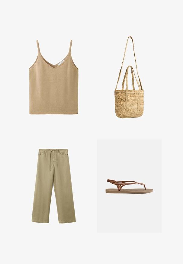 Beige strikket ærmeløs tanktop med tynde stropper og V-halsudskæring, med en lille hvid mærkeetiket inde i nakken.; Beige vidde bukser med forlommer, bæltestropper og snøre i taljen, lavet af tekstureret stof.; Flad sandal med beige sål og metallisk roseguld flettede remme, udstyret med en tåkappe og hælrem for sikker pasform.; Naturlig vævet stråtaske med to korte håndtag og en lang skulderrem, rektangulær form, beige farve, tekstureret mønster.