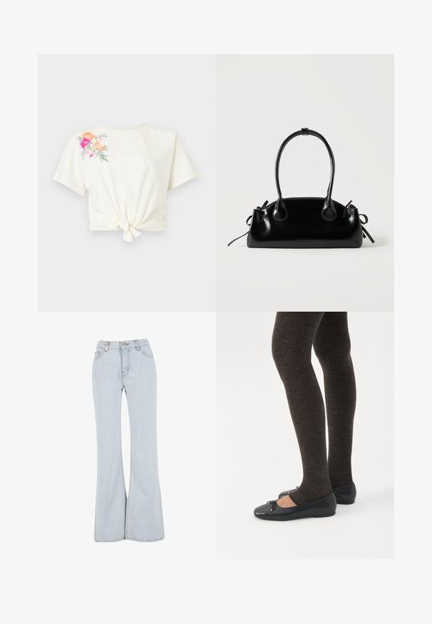 Hvid kortærmet crop top med knude foran og blomsterbroderi i pink og orange på venstre skulder.; Lyseblå udsvingende jeans lavet af denim med høj talje, fem lommer og kontrasterende syninger langs sømmene.; Ben iført mørke ribbede leggings kombineret med sorte balletsko med små sløjfedetaljer på hvid baggrund.; Lille sort blank håndtaske med to lange håndtag og snøre-detaljer i siden på en ensfarvet lys baggrund.