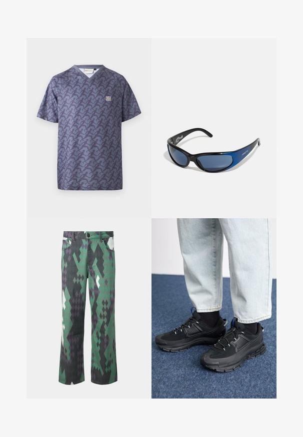 Cleptomanicx RELAY - T-shirt imprimé - nightshadow blue; Pantalon droit avec un motif géométrique en forme de losange vert, noir, violet et blanc, avec poches avant et fermeture par boutons.; Des chaussures de sport noires avec un tissu texturé et des semelles en caoutchouc, dotées de lacets élastiques et d'un accent bleu au talon. Portées avec un pantalon en denim clair.; Lunettes de soleil avec monture en plastique noir et accents bleus, design enveloppant, verres teintés foncés, avec des branches texturées et un détail de logo.