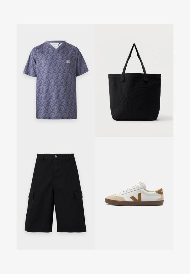 Cleptomanicx RELAY - T-shirts print - nightshadow blue; Svarte cargo shorts lavet af slidstærkt stof. Indeholder to sidelommer, en lynlåsgylp og en simpel talje med en metalknap.; Hvide sneakers med tan ruskindsdetaljer, der har en tekstureret brun gummisål, snørelukning og et logo på hælen.; Sort canvas-tote-taske med to skulderstropper og et diskret præget cirkeldesign på fronten.