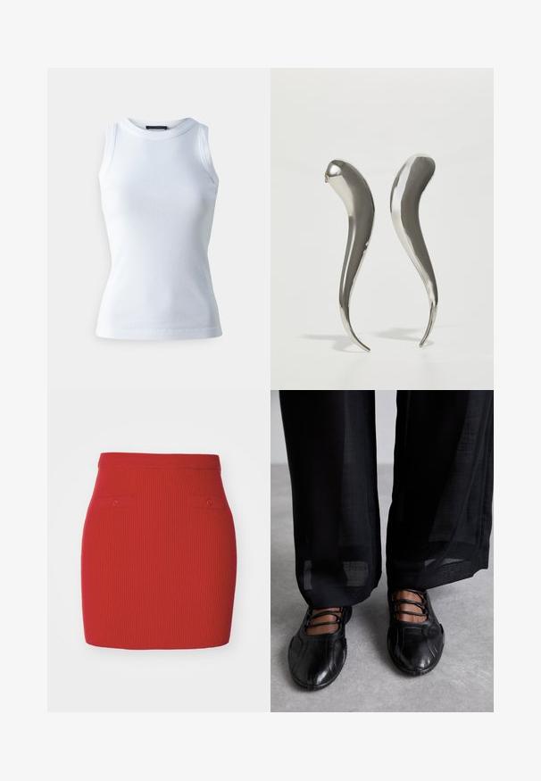 T-shirt sans manches blanc en tissu côtelé, avec un col rond et une silhouette ajustée. Texture lisse, sans motifs ni accents visibles.; Jupe en tricot côtelé rouge au design ajusté, dotée de deux petites poches boutonnées à l'avant et d'une taille lisse.; MIISTA AVERIE - Babies - black; Boucles d'oreilles en argent métallique avec une forme élégante et allongée, présentant une surface lisse et un design incurvé qui se termine par une pointe.
