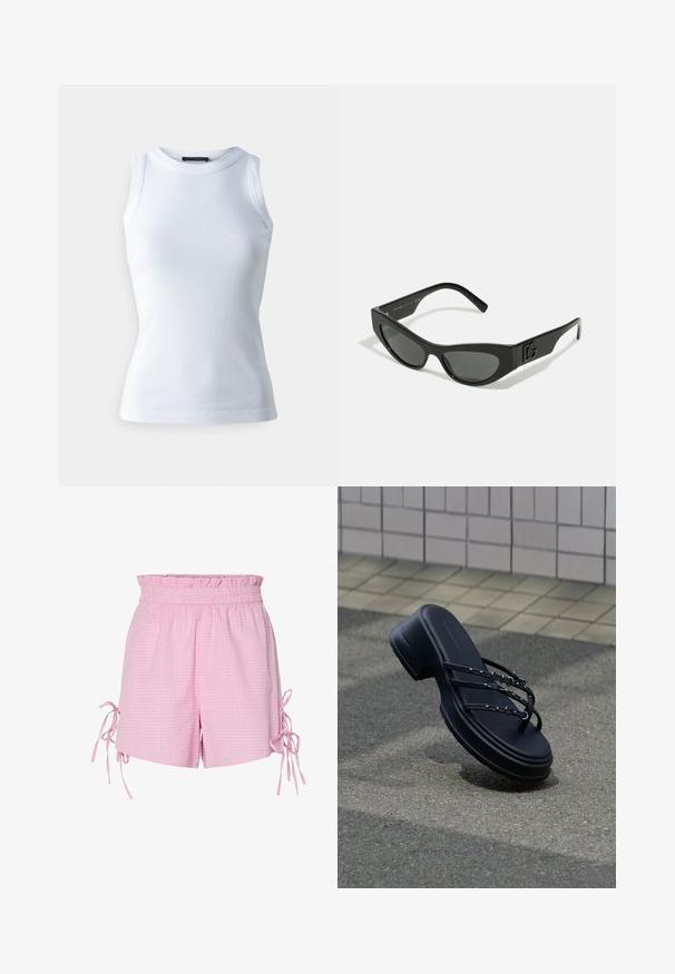 Top sin mangas blanco hecho de tela acanalada, con un escote redondo y una silueta ajustada. Textura suave, sin patrones ni acentos visibles.; Shorts de vichy rosa con una cinturilla elástica con volantes y lazos en los laterales. Fabricados con una tela ligera y texturizada.; Sandalia de plataforma negra con tres tiras delgadas y hebillas plateadas flotando sobre asfalto cerca de una pared de azulejos.; Gafas de sol negras con un marco delgado y angular, lentes oscuros y detalle de logo embosado en la patilla. Acabado suave mate.