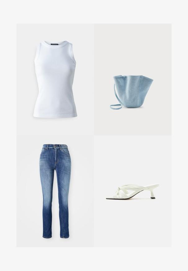 Witte mouwloze top van ribstof, met een ronde halslijn en een getailleerde pasvorm. Soepele textuur, geen zichtbare patronen of accenten.; Skinny jeans in medium blue denim, met een vervaagde uitstraling, vijf zakken, riemlussen en een metalen knoopsluiting aan de voorkant.; Witte sandaal met hak met geknoopte meerdere dunne bandjes en een slanke hak van gemiddelde hoogte op een effen lichte achtergrond.; Lichtblauwe stoffen emmerentas met lange band, brede bovenopening en gestikte verticale naden, afgebeeld tegen een effen witte achtergrond.