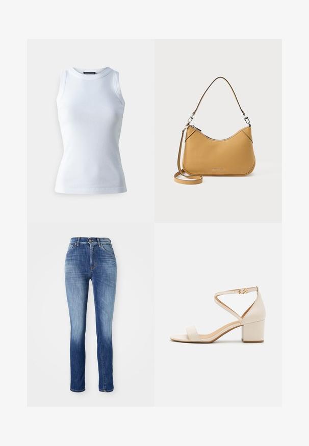 T-shirt sans manches blanc en tissu côtelé, avec un col rond et une silhouette ajustée. Texture lisse, sans motifs ni accents visibles.; Jean skinny en denim bleu moyen, avec un effet délavé, un design à cinq poches, des passants de ceinture et une fermeture à bouton métallique.; Sandales à talon bloc beiges présentant un design minimaliste, bout ouvert et une sangle de cheville ajustable avec une boucle dorée. Texture lisse.; Sac à main en cuir tanné Michael Kors avec poignée courte et bandoulière longue amovible, sur fond blanc.