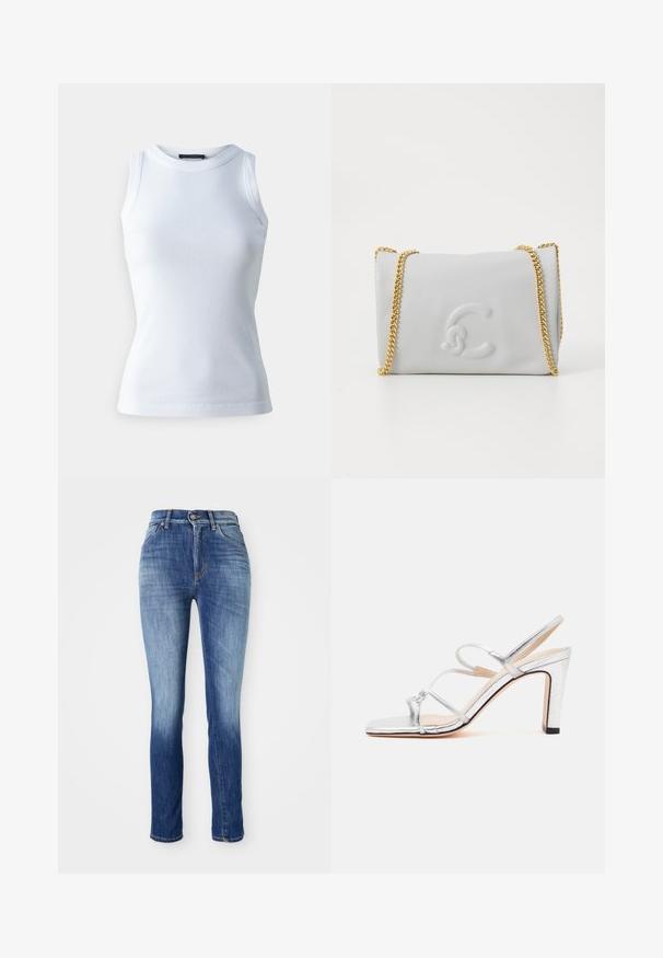 T-shirt sans manches blanc en tissu côtelé, avec un col rond et une silhouette ajustée. Texture lisse, sans motifs ni accents visibles.; Jean skinny en denim bleu moyen, avec un effet délavé, un design à cinq poches, des passants de ceinture et une fermeture à bouton métallique.; Sandale à talon haut argentée avec trois fines brides et un bout ouvert, vue de côté sur un fond blanc uni.; Sac à main en cuir blanc avec un logo en relief, rabat et une chaîne dorée. Le design est compact et structuré avec une texture lisse.
