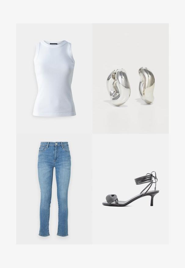 Weißes ärmelloses Oberteil aus geripptem Stoff, mit rundem Halsausschnitt und figurbetonter Silhouette. Glatte Textur, keine sichtbaren Muster oder Akzente.; Hellblaue Denim-Jeans mit schlanker Passform, mittelhohem Bund, Fünf-Taschen-Design und dezenten Ausbleichungen an den Oberschenkeln, mit gestickten Akzenten.; Graue Leder-Pumps mit Absatz, verknotetem Riemen über den Zehen und Wickelriemen um den Knöchel auf schlankem, mittelhohem Absatz vor weißem Hintergrund.; Silberne skulpturale Ohrringe mit glatten, geschwungenen Formen und reflektierenden Oberflächen. Sie verfügen über ein geschlossenes Ringdesign und eine ausgeprägte organische Form.