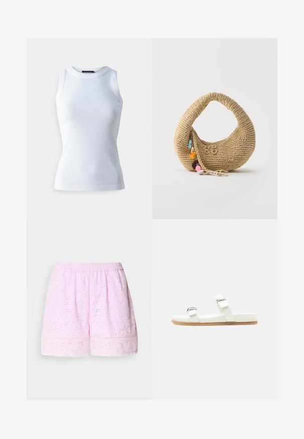 T-shirt sans manches blanc en tissu côtelé, avec un col rond et une silhouette ajustée. Texture lisse, sans motifs ni accents visibles.; Shorts en coton rose avec design floral brodé, taille élastique et bord en dentelle. Tissu léger et respirant.; Sandale blanche à talon plat avec deux brides ajustables à boucle argentée sur une semelle marron clair, sur un fond gris clair.; Sac à main beige en forme de croissant, crocheté, avec une fermeture éclair et des breloques colorées en forme de fleurs et de cœurs suspendues à la tirette de la fermeture éclair.