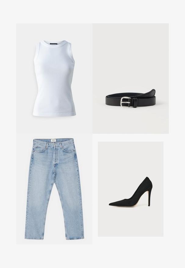 T-shirt sans manches blanc en tissu côtelé, avec un col rond et une silhouette ajustée. Texture lisse, sans motifs ni accents visibles.; Jean en denim bleu clair avec une coupe droite classique, cinq poches et un devant boutonné, présentant un léger délavage et une texture robuste.; Escarpin noir à bout pointu et talon aiguille fin, photographié de côté sur fond blanc.; Ceinture en cuir noir avec une boucle en métal argenté, dotée d'une finition lisse et de coutures le long des bords. Design classique.